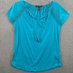 Ralph Lauren Top Womens M Teal Blue Crochet Lace Trim Tassel Tie V-Neck Shirt